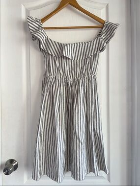 Olivaceous Gray and White Striped Off-Shoulder Dress